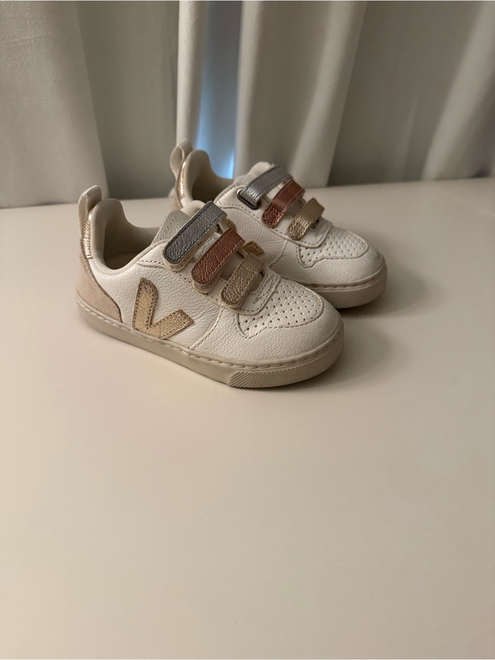 Veja Kids White Sneakers with Metallic Rose Gold, Gold & Silver Straps